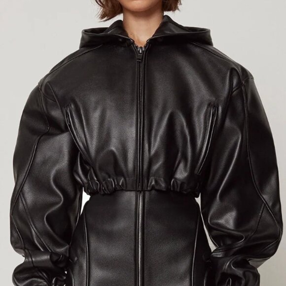 Faux Leather Cropped Hooded Jacket - Picture 2 of 7